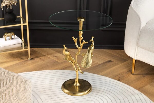 Štýlový art deco kovový príručný stolík Tierra Glam s okrúhlou sklenenou doskou a nohou v podobe zlatých pávov 60 cm