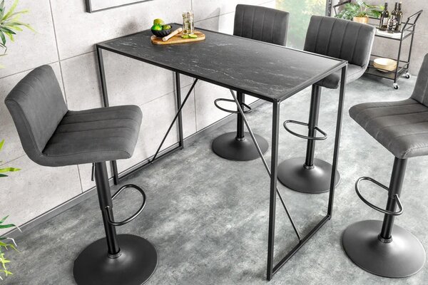 Estila Moderný industriálny čierny barový stôl Industria Marble s kovovu podstavou a vrchnou doskou s mramorovým dizajnom 105 cm