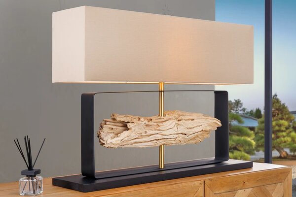 Estila Dizajnová moderná stolná lampa Rousilique s béžovým tienidlom a čiernou kovovou podstavou s prvkom z naplaveného dreva 62 cm