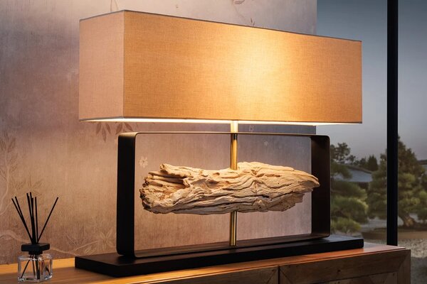 Estila Dizajnová moderná stolná lampa Rousilique s béžovým tienidlom a čiernou kovovou podstavou s prvkom z naplaveného dreva 62 cm