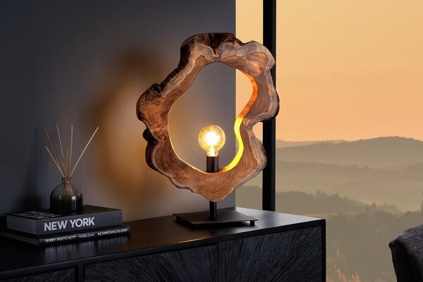 Estila Dizajnová masívna stolná lampa Faustion s naturálnym dreveným prvkom v hnedej farbe a čiernou kovovou konštrukciou 55 cm