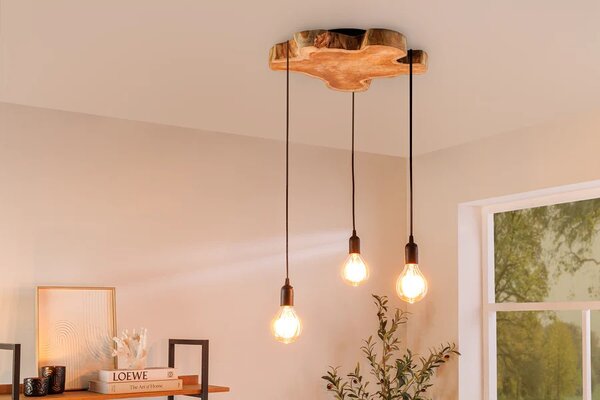 Estila Dizajnový industriálny luster Hypnotic s prvkom z hnedého masívneho dreva longan a tromi visiacimi žiarovkami 80 cm