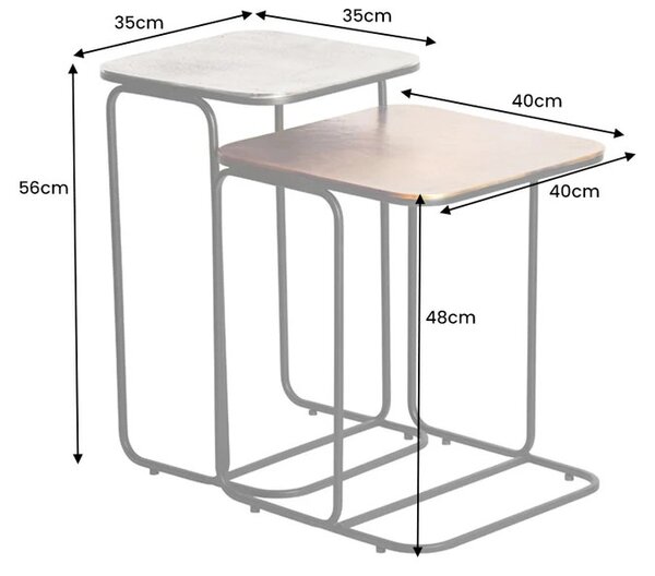 Štýlový set štvorcových konferenčných stolíkov Ambi v zlatej a striebornej farbe z kovu s čiernym kovovým rámom 48 cm