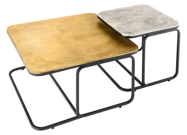 Štýlový set štvorcový industriálny konferenčných stolíkov Abim v striebornej a zlatej farbe s vintage nádychom 60 cm