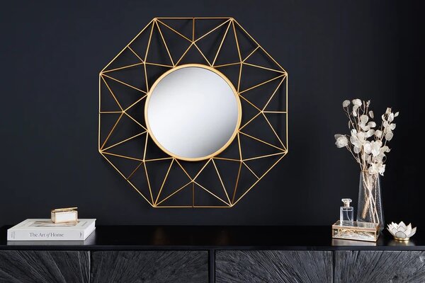 Estila Štýlové art deco nástenné okrúhle zrkadlo Diamont so zlatým rámom s diamantovým vzorom 80 cm