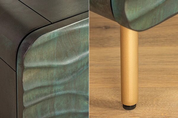 Estila Štýlový štvordverový art deco príborník Tyrquis v tyrkysovej farbe s vyrezávanými reliéfmi a zlatými nožičkami 160 cm