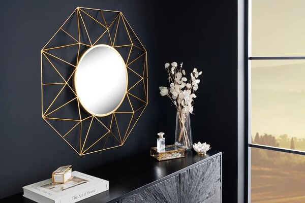 Estila Štýlové art deco nástenné okrúhle zrkadlo Diamont so zlatým rámom s diamantovým vzorom 80 cm