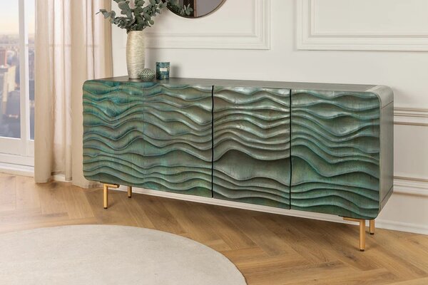 Estila Štýlový štvordverový art deco príborník Tyrquis v tyrkysovej farbe s vyrezávanými reliéfmi a zlatými nožičkami 160 cm