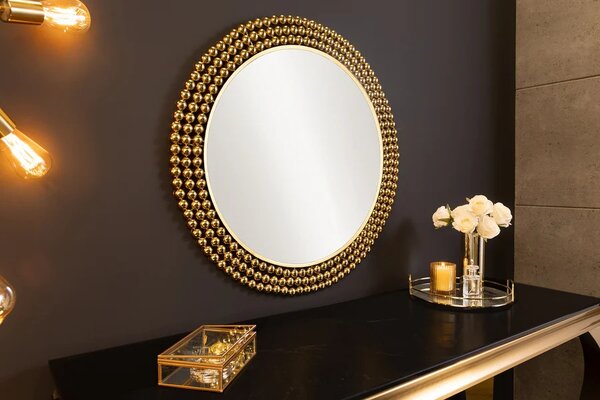 Estila Dizajnové glamour okrúhle nástenné zrkadlo Miny so zlatým perlovým kovovým rámom 76 cm