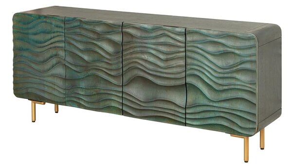 Estila Štýlový štvordverový art deco príborník Tyrquis v tyrkysovej farbe s vyrezávanými reliéfmi a zlatými nožičkami 160 cm