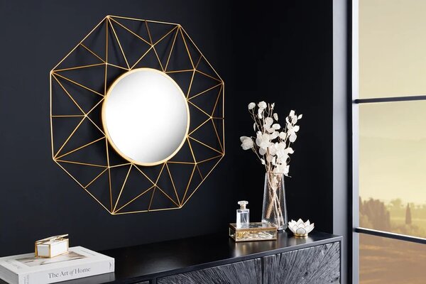 Estila Štýlové art deco nástenné okrúhle zrkadlo Diamont so zlatým rámom s diamantovým vzorom 80 cm