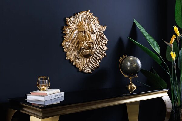 Estila Štýlová art deco nástenná dekorácia Lion z kovu v zlatej farbe v podobe leva 34 cm