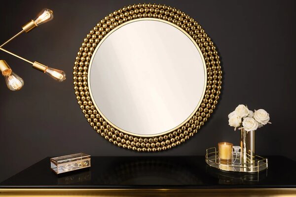 Estila Dizajnové glamour okrúhle nástenné zrkadlo Miny so zlatým perlovým kovovým rámom 76 cm