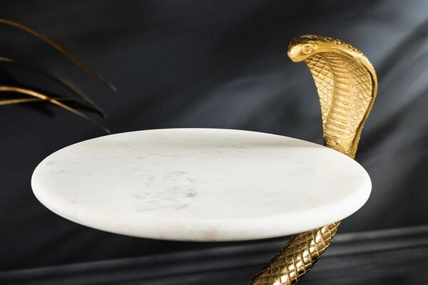 Štýlový art deco kovový zlatý príručný stolík Tierra Glam s okrúhlou mramorovou doskou a nohou v podobe hada 63 cm