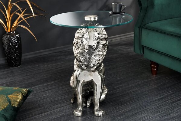 Dizajnový art deco príručný stolík Tierra Glam s okrúhlou sklenenou doskou a nohou v podobe strieborného leva 60 cm