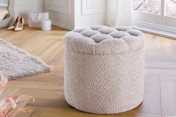 Estila Moderná okrúhla baroková bouclé taburetka Modern barock v šampanskej béžovej farbe s úložným priestorom 50 cm