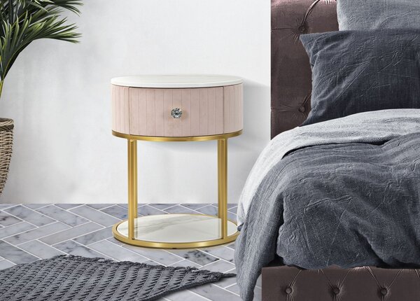 Estila Luxusný glamour ružový okrúhly čalúnený nočný stolík Glamia Tapisé so zásuvkou s bielym mramorom a zlatou konštrukciou 42 cm
