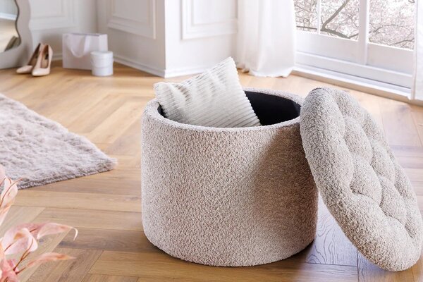 Estila Moderná okrúhla baroková bouclé taburetka Modern barock v šampanskej béžovej farbe s úložným priestorom 50 cm