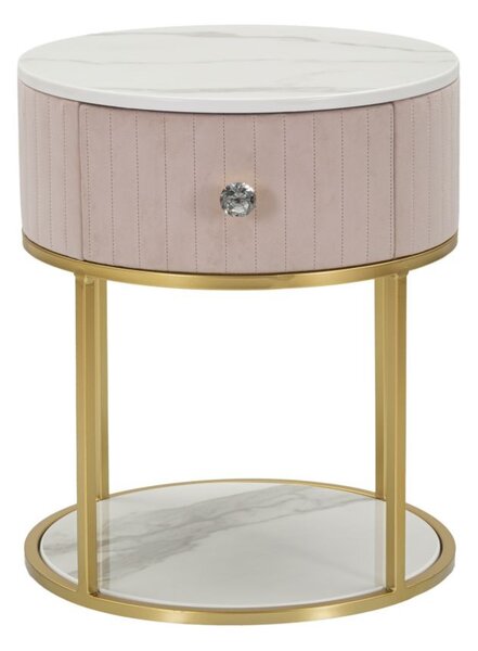 Estila Luxusný glamour ružový okrúhly čalúnený nočný stolík Glamia Tapisé so zásuvkou s bielym mramorom a zlatou konštrukciou 42 cm