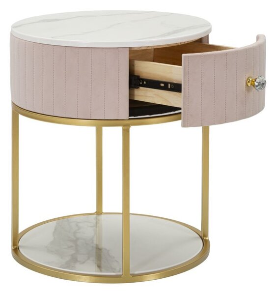 Estila Luxusný glamour ružový okrúhly čalúnený nočný stolík Glamia Tapisé so zásuvkou s bielym mramorom a zlatou konštrukciou 42 cm