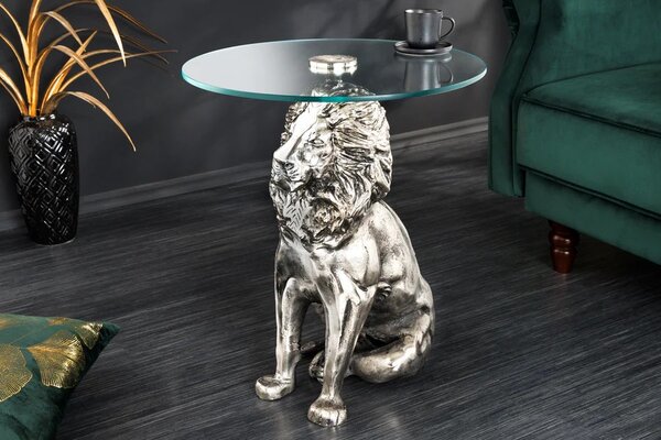 Dizajnový art deco príručný stolík Tierra Glam s okrúhlou sklenenou doskou a nohou v podobe strieborného leva 60 cm