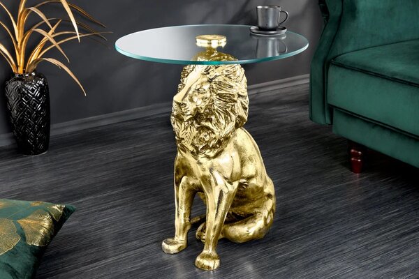 Štýlový art deco príručný stolík Tierra Glam s okrúhlou sklenenou doskou a s nohou v podobe zlatého leva 60 cm