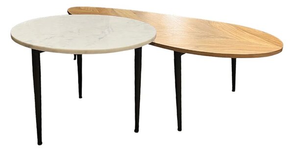 Estila Moderný set konferenčných stolíkov Saver z mramoru a akáciového dreva v bielej a hnedej farbe s čiernymi nožičkami 110 cm