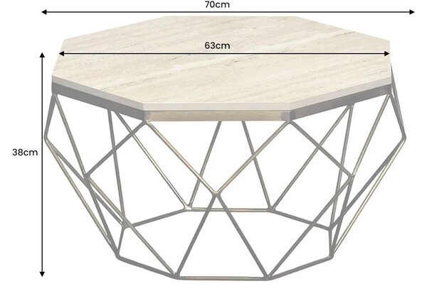 Estila Moderný osemuholníkový travertínový béžový konferenčný stolík Adamantino so zlatou geometrickou kovovou nohou 70 cm