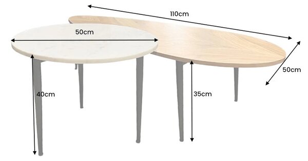 Estila Moderný set konferenčných stolíkov Saver z mramoru a akáciového dreva v bielej a hnedej farbe s čiernymi nožičkami 110 cm