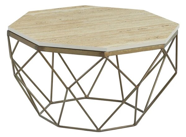 Estila Moderný osemuholníkový travertínový béžový konferenčný stolík Adamantino so zlatou geometrickou kovovou nohou 70 cm