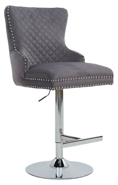 Estila Art deco čalúnená sivá barová stolička Lery so striebornou nastaviteľnou nohou s vybýjanými detailmi s klopkadlom 130 cm