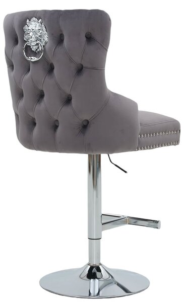 Estila Art deco čalúnená sivá barová stolička Lery so striebornou nastaviteľnou nohou s vybýjanými detailmi s klopkadlom 130 cm