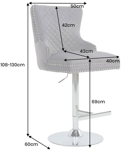 Estila Art deco čalúnená sivá barová stolička Lery so striebornou nastaviteľnou nohou s vybýjanými detailmi s klopkadlom 130 cm