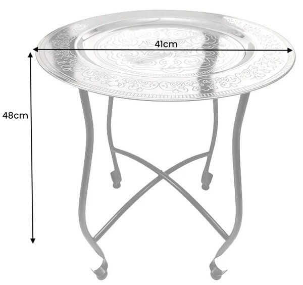 Estila Dizajnový etno okrúhly príručný stolík Malik so striebornou doskou s ornamentmi a čiernou kovovou podstavou 48 cm