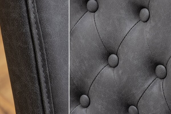 Estila Chesterfield jedálenská čalúnená stolička Silloth s čiernym koženým poťahom so striebornými nitmi s vysokým operadlom 95 cm
