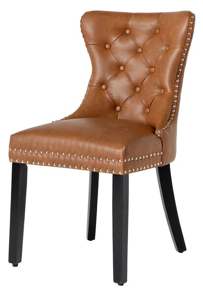 Estila Chesterfield jedálenská stolička Torino s čalúnením z hnedej kože s prešívaným operadlom s čiernymi drevenými nožičkami 93 cm
