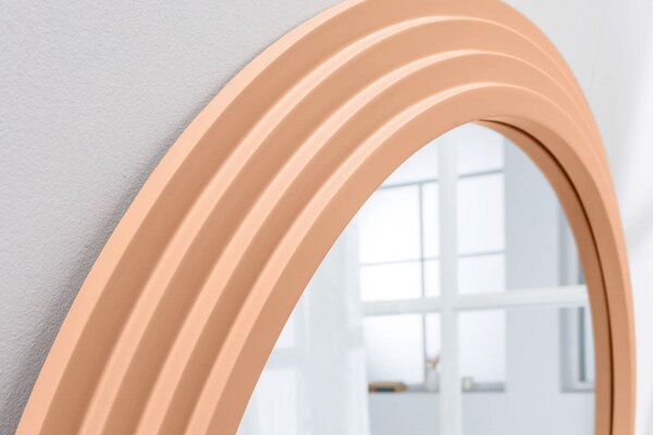 Estila Dizajnové art deco klenuté nástenné zrkadlo Swan s oblúkovým vlnitým rámom v jemnej marhuľovo oranžovej farbe 160 cm