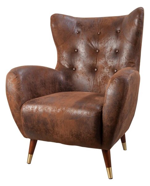 Estila Štýlové art deco kožené ušiakové kreslo Bolte s čalúnením a prešívaným poťahom v hnedej farbe so zlatými detailmi 106 cm