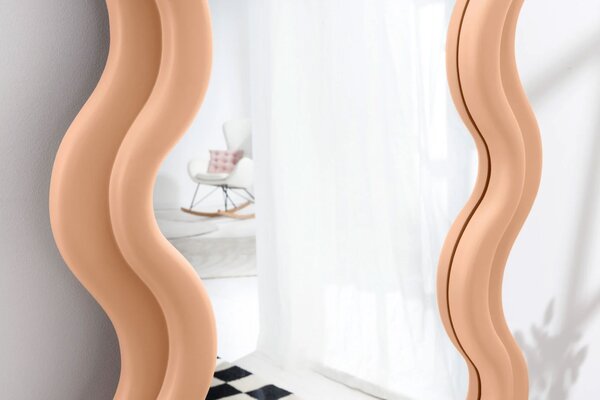 Estila Dizajnové art deco nástenné zrkadlo Swan s vlnitým obdĺžnikovým pastelovo marhuľovo oranžovým rámom 160 cm