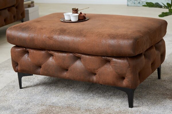 Estila Chesterfield obdĺžniková hnedá kožená čalúnená prešívaná taburetka Modern Barock s čiernymi kovovými matnými nožičkami 90 cm