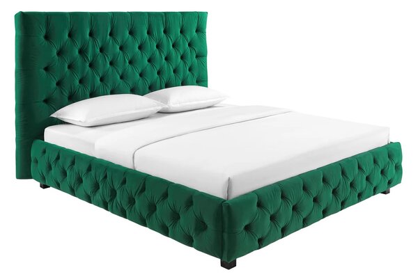 Estila Štýlová chesterfield smaragdová zelená manželská posteľ Kreon so zamatovým poťahom s nízkymi čiernymi nožičkami 220 cm