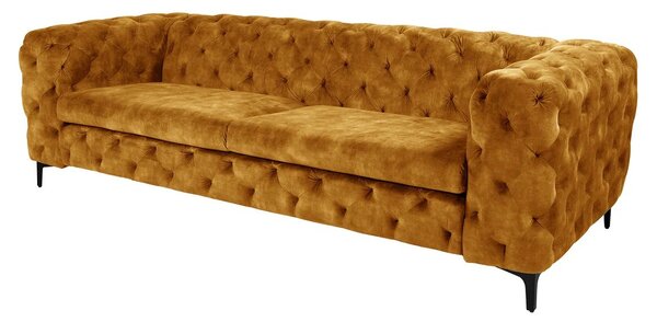Estila Luxusná trojmiestna chesterfield sedačka Modern Barock so zamatovým poťahom s prešívaním v horčicovej farbe s nožičkami 235 cm
