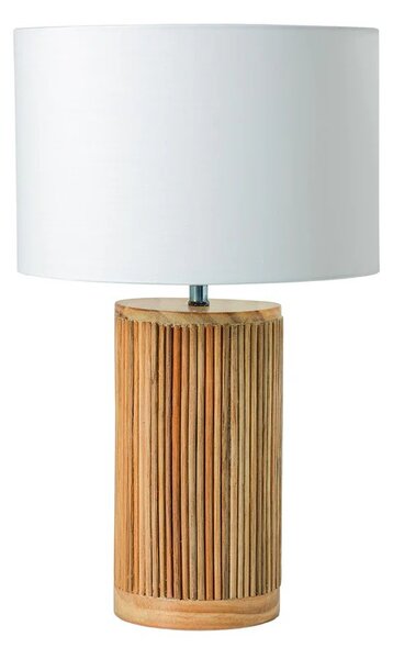 Estila Dizajnová okrúhla stolná lampa Willow s bielym bavlneným tienidlom a valcovou masívnou hnedou ozdobnou nohou 48 cm