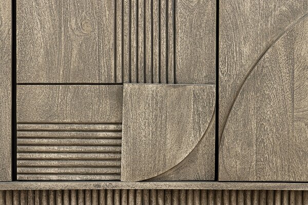 Estila Dizajnový sivý art deco obdĺžnikový príborník Sonia z mangového dreva so štyrmi dvierkami s geometrickým reliéfom 170 cm
