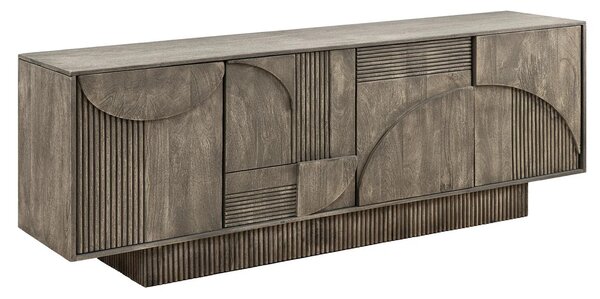 Estila Dizajnový sivý art deco obdĺžnikový príborník Sonia z mangového dreva so štyrmi dvierkami s geometrickým reliéfom 170 cm