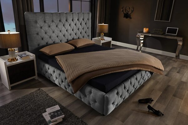 Estila Štýlová chesterfield prešívaná čalúnená manželská posteľ Kreon so sivým ľanovým poťahom 220 cm