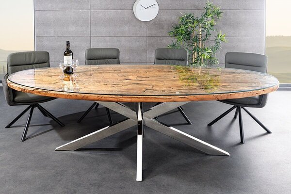 Estila Moderný industriálny oválny jedálenský stôl Barracuda s doskou z masívneho teakového dreva a chrómovou kovovou podstavou 220 cm