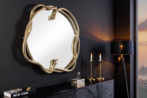 Estila Art deco okrúhle závesné zrkadlo Serpente so zlatým kovovým rámom v tvare hadov 52 cm