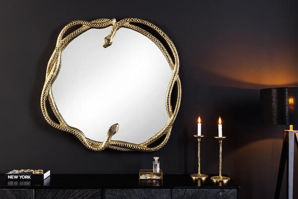 Estila Art deco okrúhle závesné zrkadlo Serpente so zlatým kovovým rámom v tvare hadov 52 cm