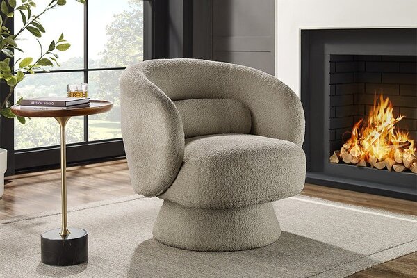 Estila Art deco otočné kreslo Elian potiahnuté taupe sivou bouclé látkou so zaobleným operadlom a kužeľovou základňou 76 cm